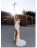 One Shoulder Beaded White Lace Satin Slit Sexy Wedding Dress